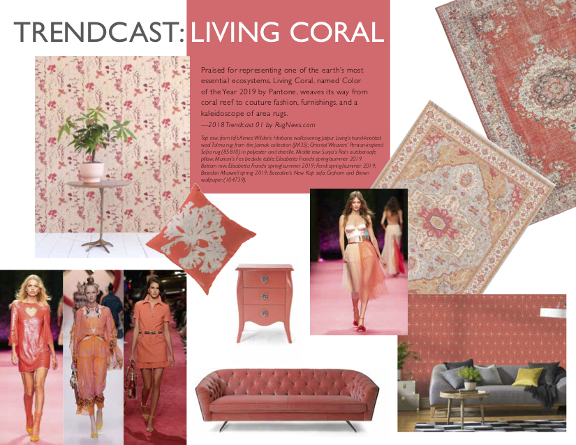 A colleague displaying fashion runway looks, furniture and rugs all in the Color of the Year, Living Coral.